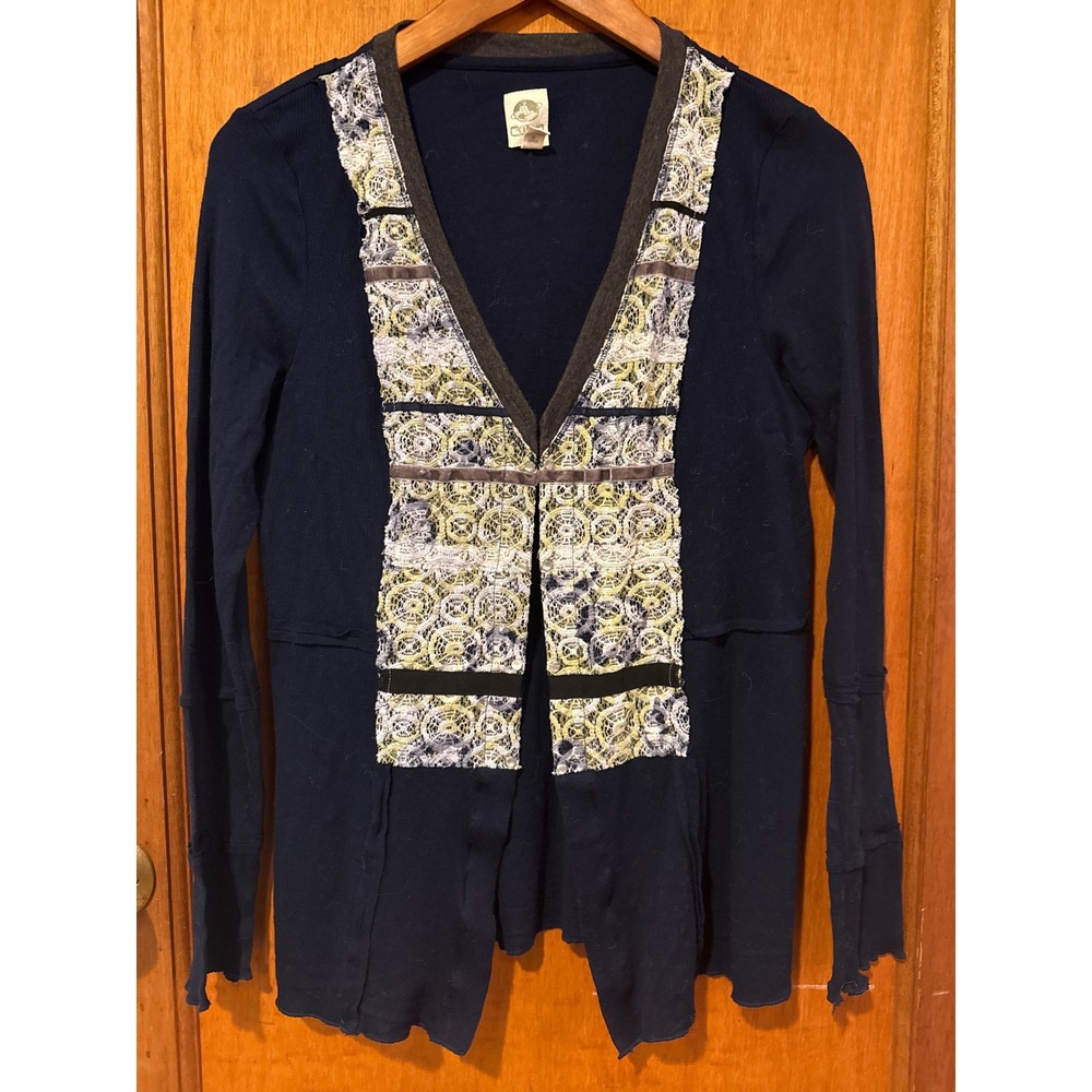 Tiny Anthropologie navy‎ cardigan shirt Large boho fitted artsy